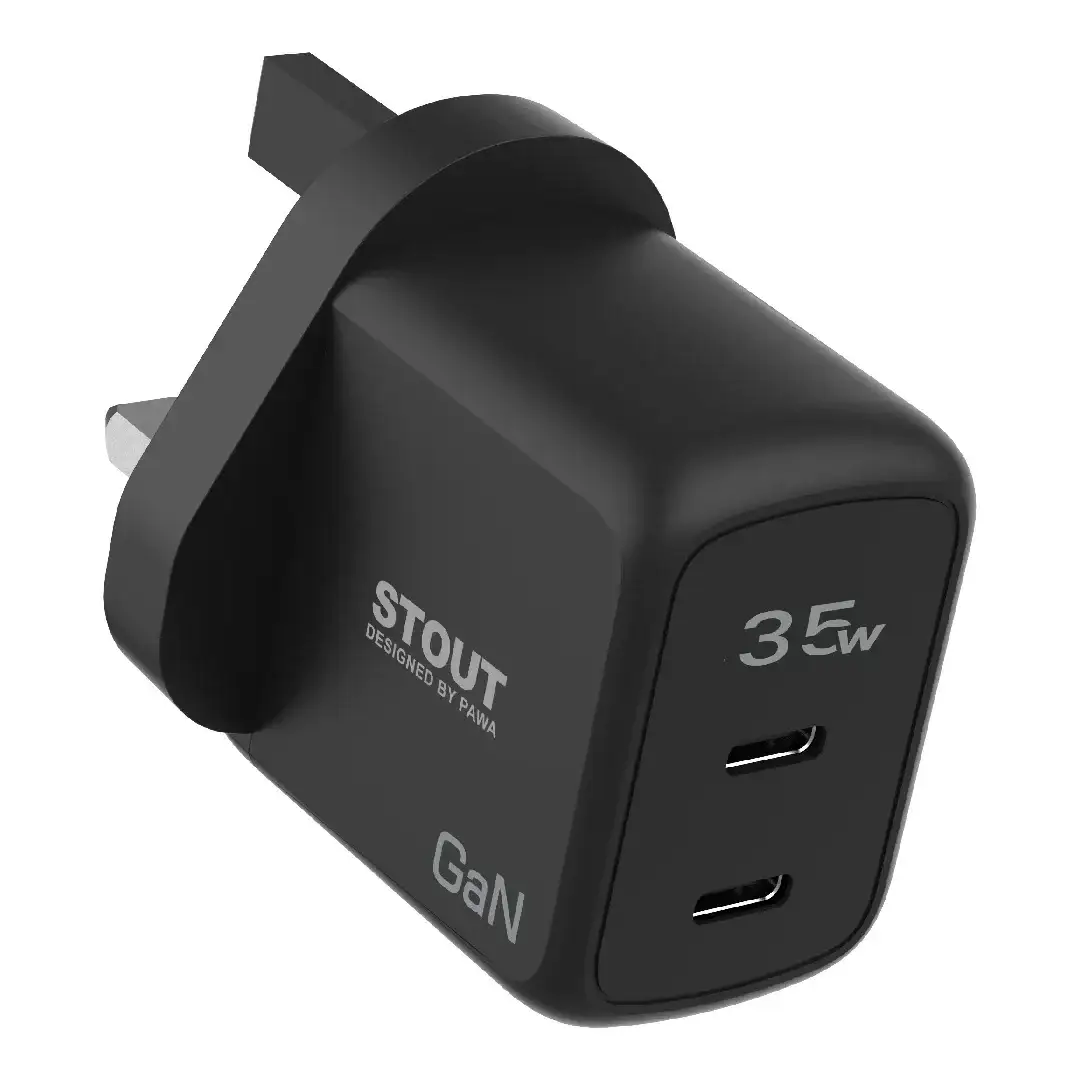 PAWA STOUT GAN TRAVEL CHARGER WITH DUAL PD PORT 35W UK STANDARD BLACK PW-GN35UK-BK