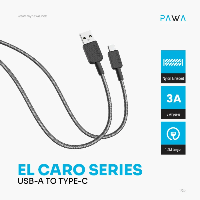 PAWA EL CARO SERIES USB A TO USB C PREMIUM BRAIDED CABLE 1.2M BLACK PW-120BD3AT-BK thumbnail 4