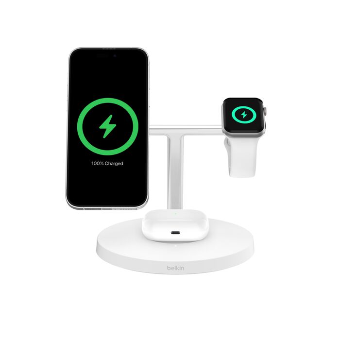 BELKIN BOOST CHARGE PRO 15W 3 IN 1 WIRELESS CHARGING STAND WITH MAGSAFE WHITE WIZ032MYWH