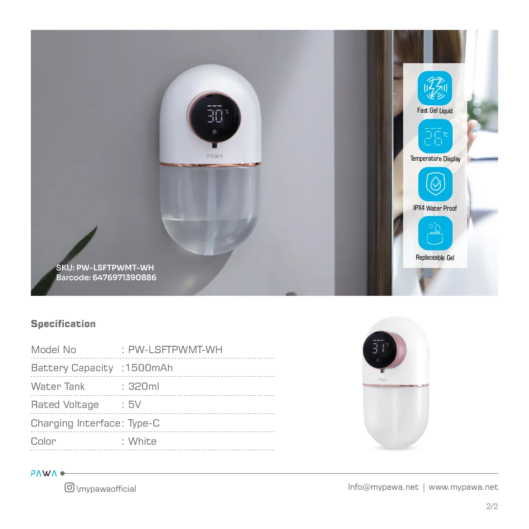 PAWA BUBBLE WALL MOUNT AUTOMATIC DISPENSER WHITE PW-LSFTPWMT-WH thumbnail 2
