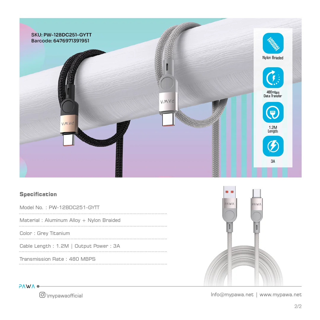 PAWA LEVIN USB A TO TYPE C 3.1A BRAIDED CABLE 1.2M GREY TITANIUM PW-12BDC251-GYTT thumbnail 4