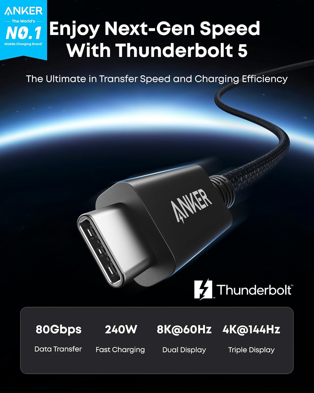 ANKER PRIME THUNDERBOLT 5 CABLE 3.3FT 80GBPS 240W BLACK A84N1012 thumbnail 2