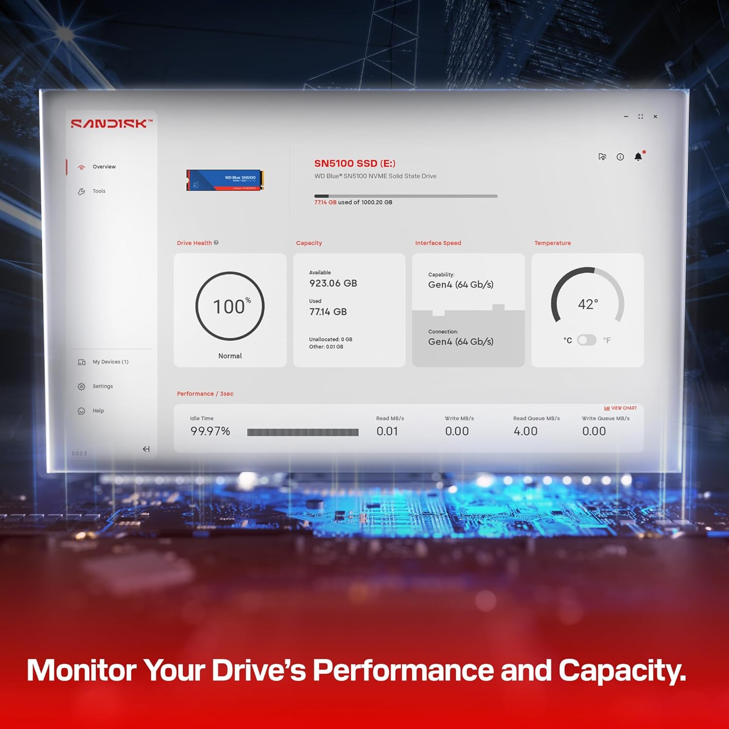 WD INTERNAL SSD 2TB SN5100 M.2 NVME 2280 PCIE 4.0 7100MB/S BLUE WDS200T5B0E thumbnail 5