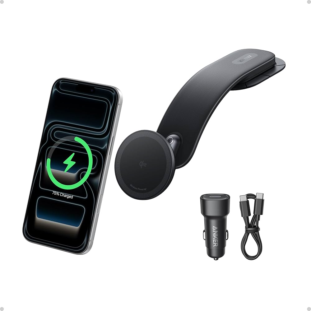 ANKER NANO WIRELESS CAR CHARGER MAGNETIC DETACHABLE PAD WITH ADAPTER & USB-C CABLE BLACK B2216H11