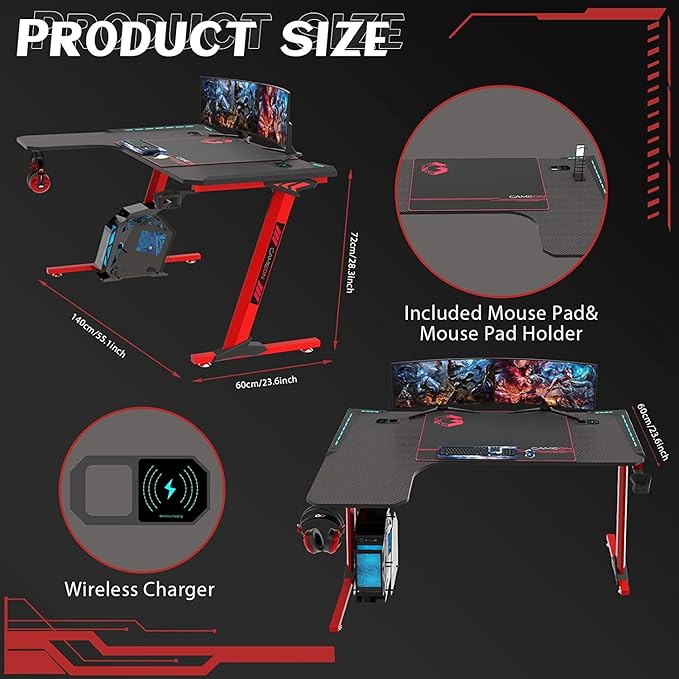 GAMEON PHANTOM XL-L SERIES L-SHAPED RGB FLOWING LIGHT GAMING DESK GO-PHANTOMXL-R thumbnail 3
