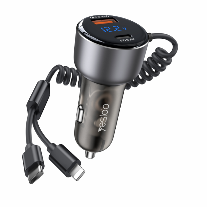YESIDO 60W SUPER FAST CAR CHARGER WITH LIGHTNING TO TYPE C CABLE BLACK Y58