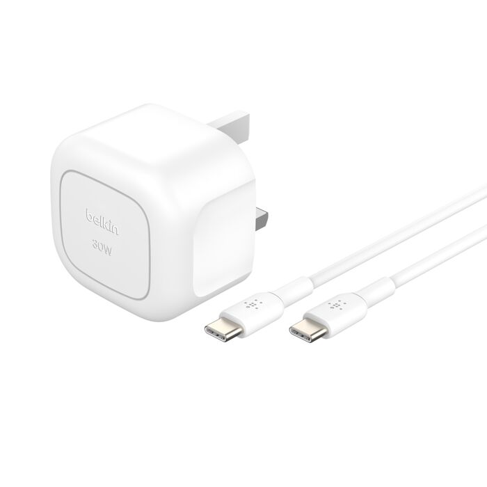 BELKIN BOOST CHARGE COMPACT USB C WALL CHARGER 30W WITH USB C TO USB C CABLE WHITE WCA008MY1MWH