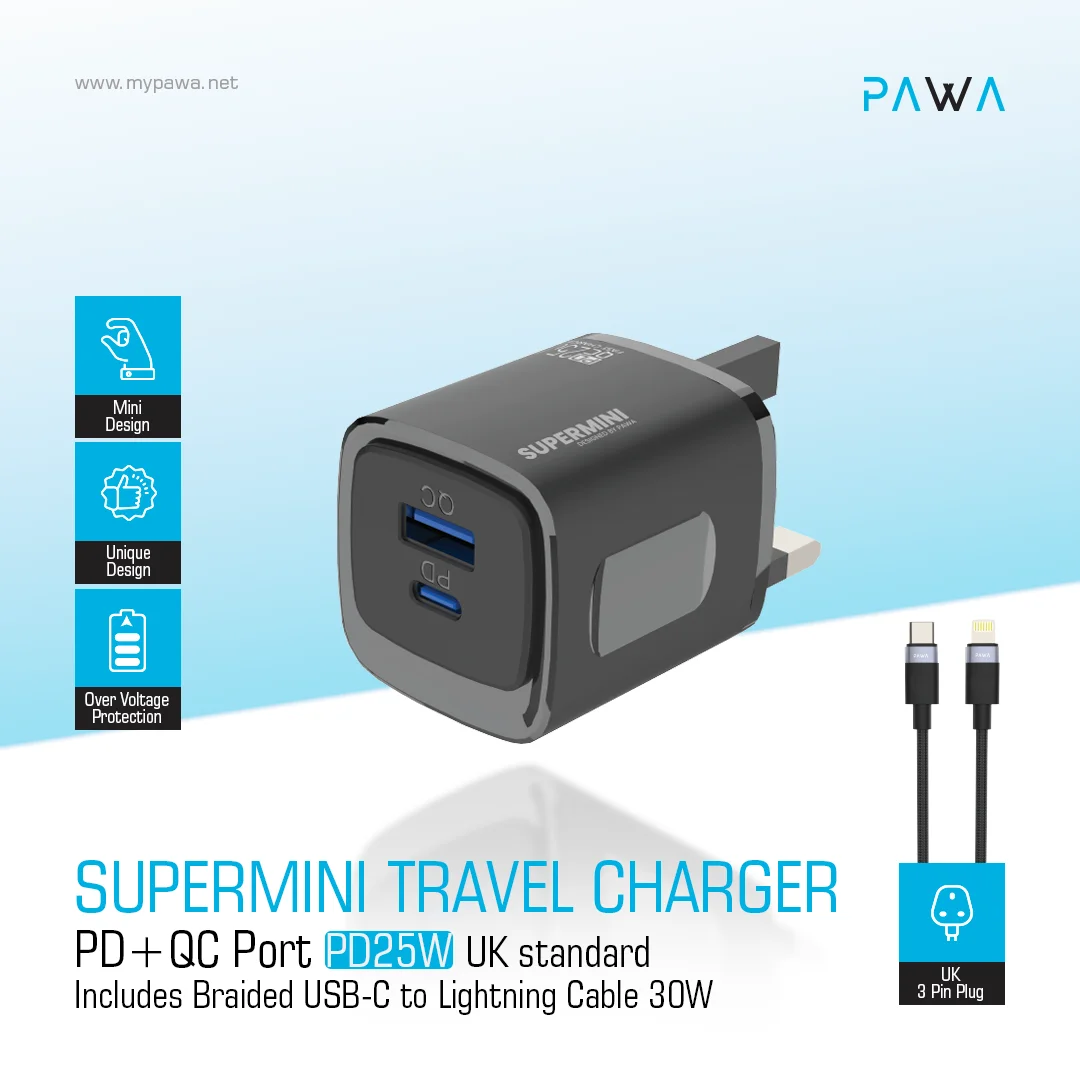 PAWA SUPERMINI TRAVEL CHARGER PD QC PORT 25W WITH BRAIDED LIGHTNING CABLE BLACK PW-TC25CUUL-BK thumbnail 3