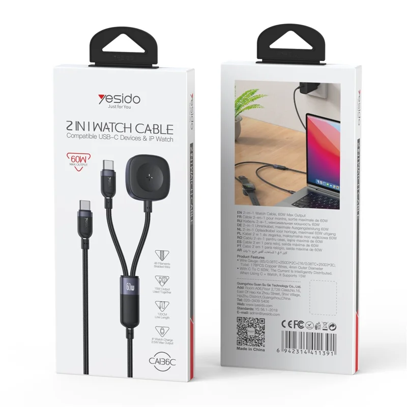 YESIDO 2 IN 1 WATCH CABLE COMPATIBLE USB-C DEVICES AND APPLE WATCH BLACK CA136C thumbnail 10