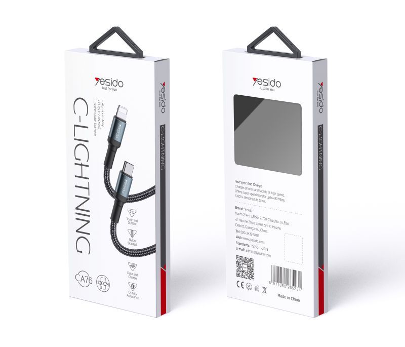YESIDO 20W USB-C TO LIGHTNING CABLE 1.2M BLACK CA76
