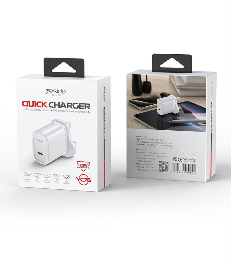 YESIDO 20W USB-C FAST CHARGER WHITE YC76L