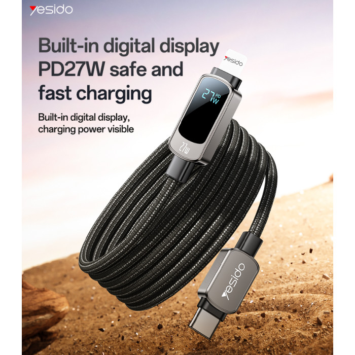 YESIDO 27W USB-C TO LIGHTNING CABLE WITH LED DISPLAY GREY CA180 thumbnail 2