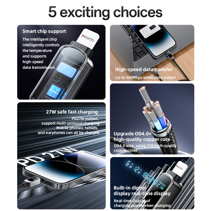 YESIDO 27W USB-C TO LIGHTNING CABLE WITH LED DISPLAY GREY CA180 thumbnail 3