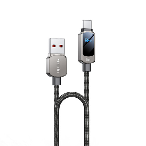 YESIDO 66W USB-A TO USB-C WITH LED DISPLAY CABLE 1.2M GREY CA128C