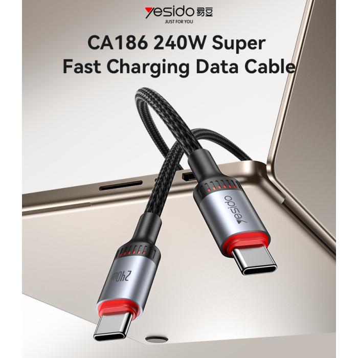 YESIDO 240W USB-C TO USB-C CABLE 2M BLACK CA186 thumbnail 2