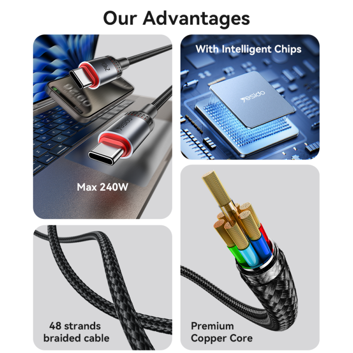 YESIDO 240W USB-C TO USB-C CABLE 2M BLACK CA186 thumbnail 3