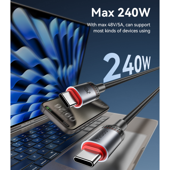 YESIDO 240W USB-C TO USB-C CABLE 2M BLACK CA186 thumbnail 4
