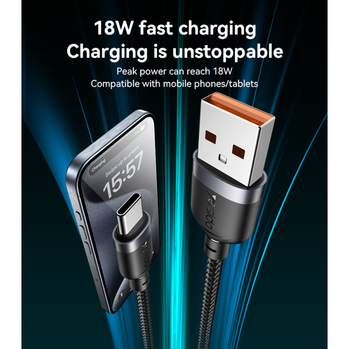 YESIDO 18W USB-A TO USB-C CABLE 1.2M BLACK CA132C thumbnail 2