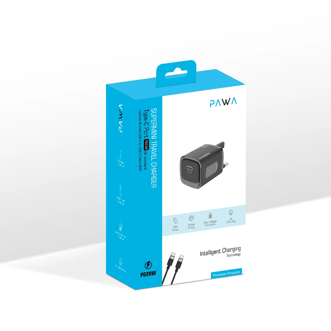 PAWA SUPERMINI TRAVEL CHARGER TYPE C PORT PD20 WITH BRAIDED TYPE C CABLE BLACK PW-TCSP20UT-BK thumbnail 5