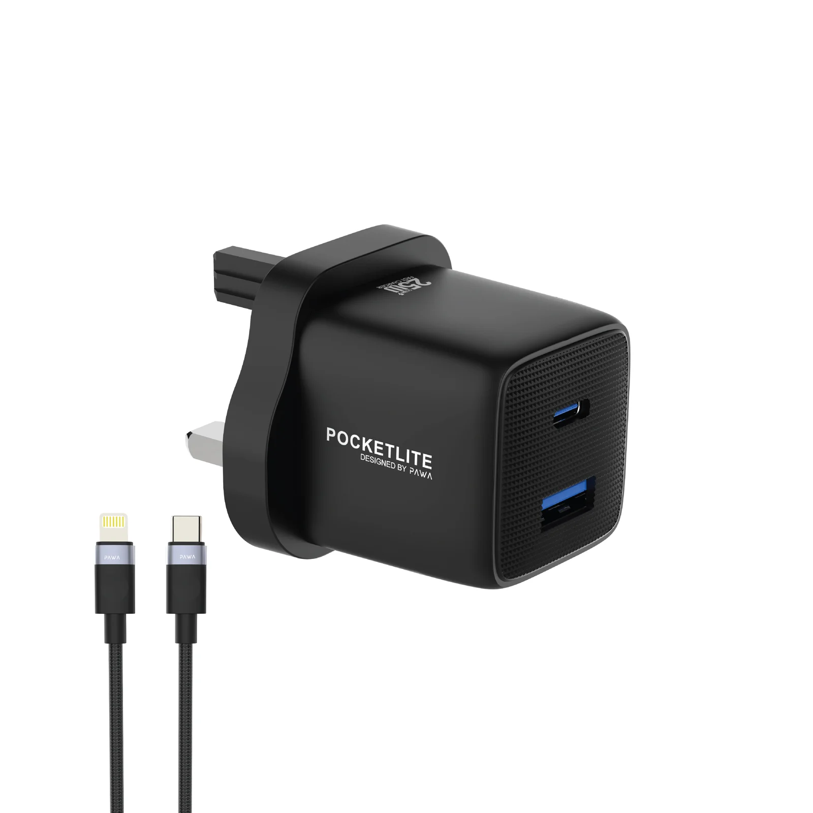 PAWA POCKETLITE TRAVEL CHARGER PD+QC PORT GAN UK STANDARD PD25W TYPE C LIGHTING CABLE BLACK PW-PL1U1PUKL-BK