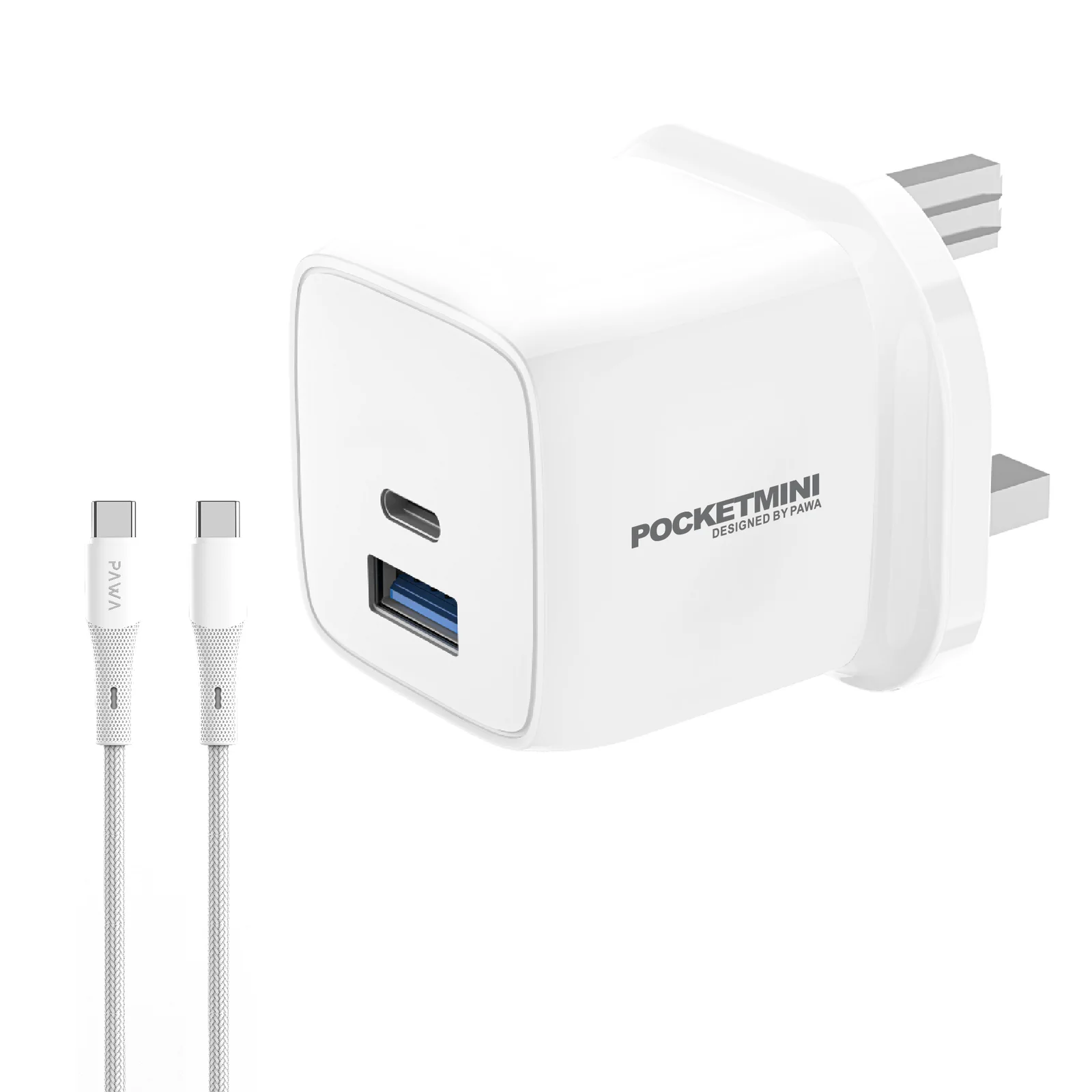 PAWA POCKETMINI TRAVEL CHARGER DUAL PD QC PORT PD20W WITH TYPE C CABLE WHITE PW-PM1U1PUKT-WH