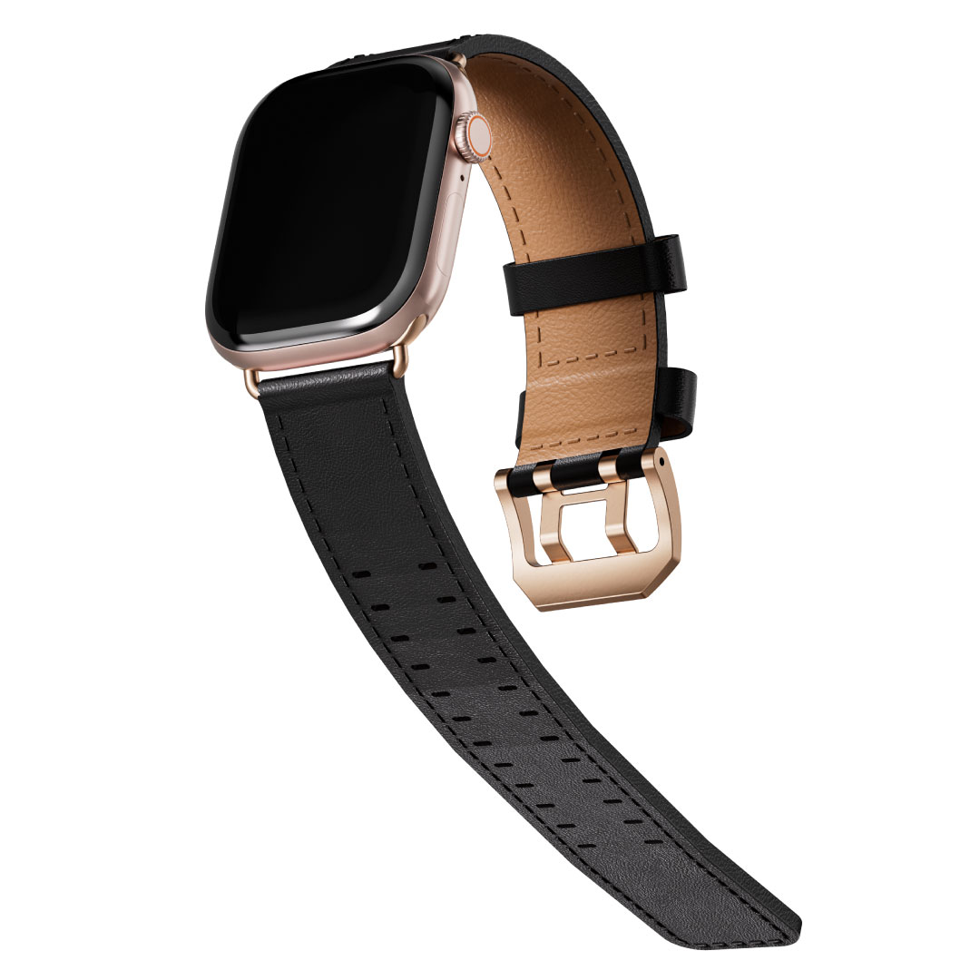 BLUPEBBLE APPLE WATCH STRAP SERIES 11 ORLEN SERIES 42/41/38MM BLACK ROSE GOLD BP-ORLENW-BKR