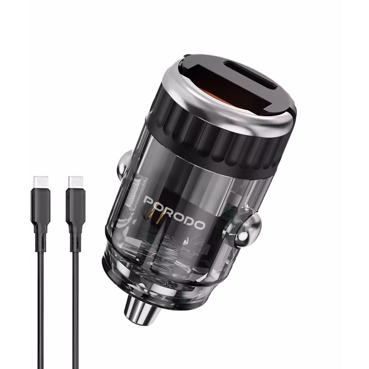 PORODO DUAL PORT TRANSPARENT CAR CHARGER WITH PULL RING HOLDER BLACK WITH USB C TO USB C CABLE PDFWCH086CBK
