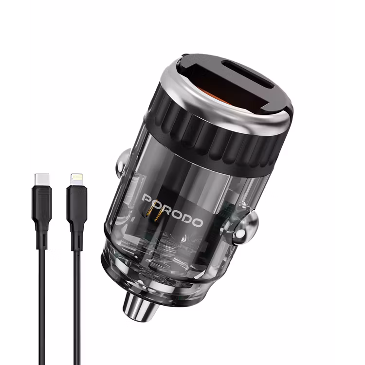 PORODO DUAL PORT TRANSPARENT CAR CHARGER WITH PULL RING HOLDER BLACK WITH USB C TO LIGHTNING CABLE PDFWCH086CBK