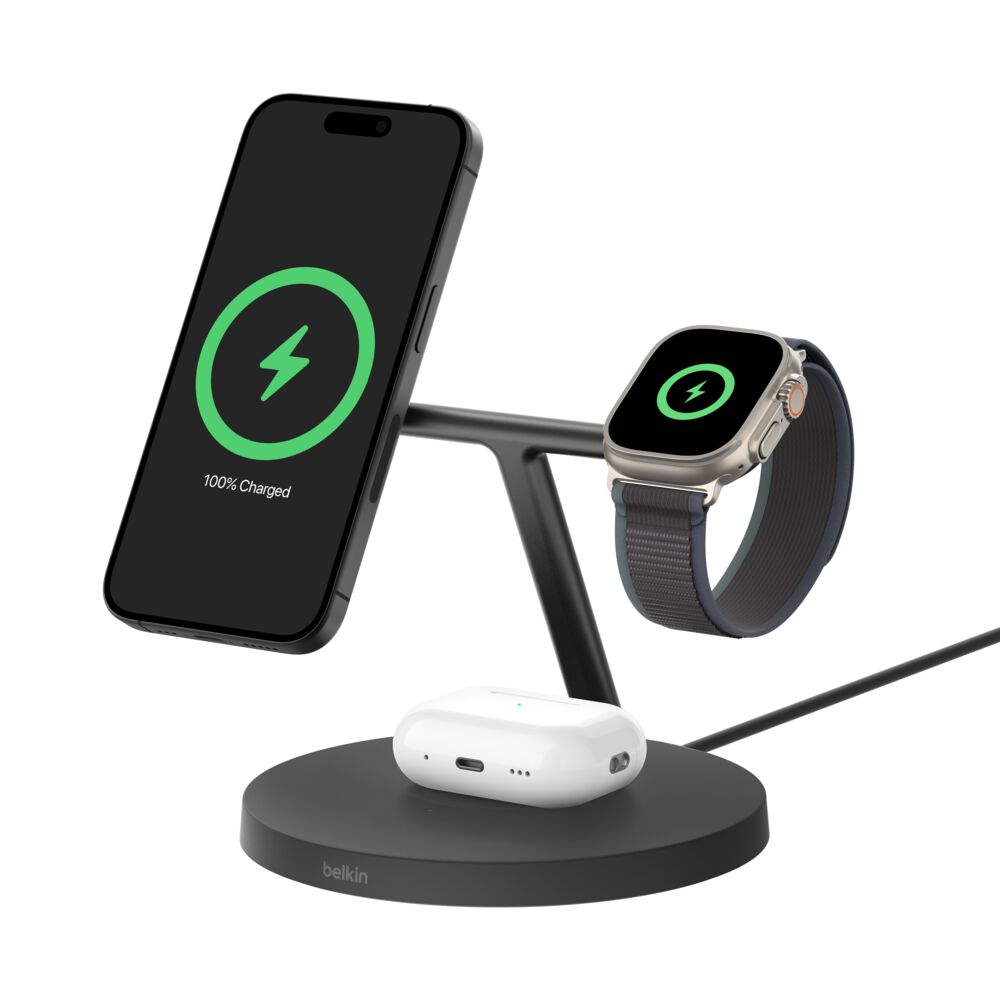 BELKIN BOOST CHARGE PRO 15W 3 IN 1 WIRELESS CHARGING STAND WITH MAGSAFE BLACK WIZ032MYBK