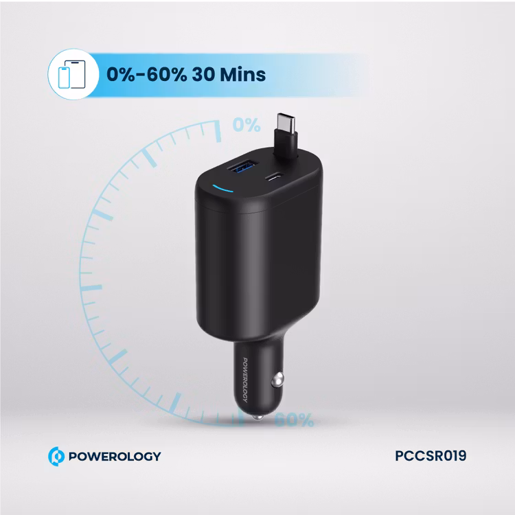 POWEROLOGY CURRNEX 60W MULTI PORT CAR CHARGER WITH RETRACTABLE 75CM CABLE BLACK PCCSR19BK thumbnail 5