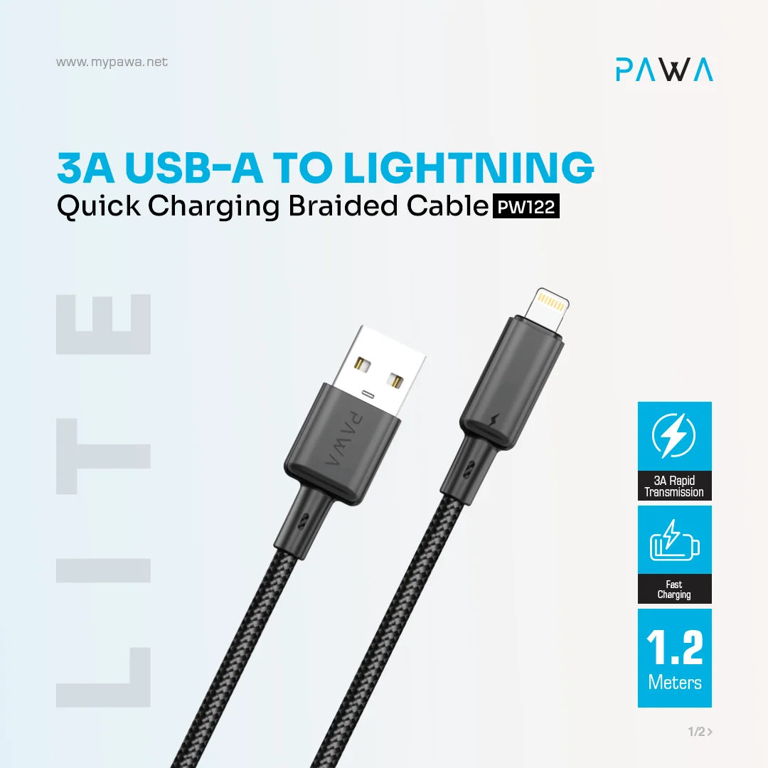 PAWA 3A USB A TO LIGHTNING QUICK CHARGING BRAIDED CABLE 1.2M PW122 BLACK PW-BTLT12AL-BK thumbnail 3