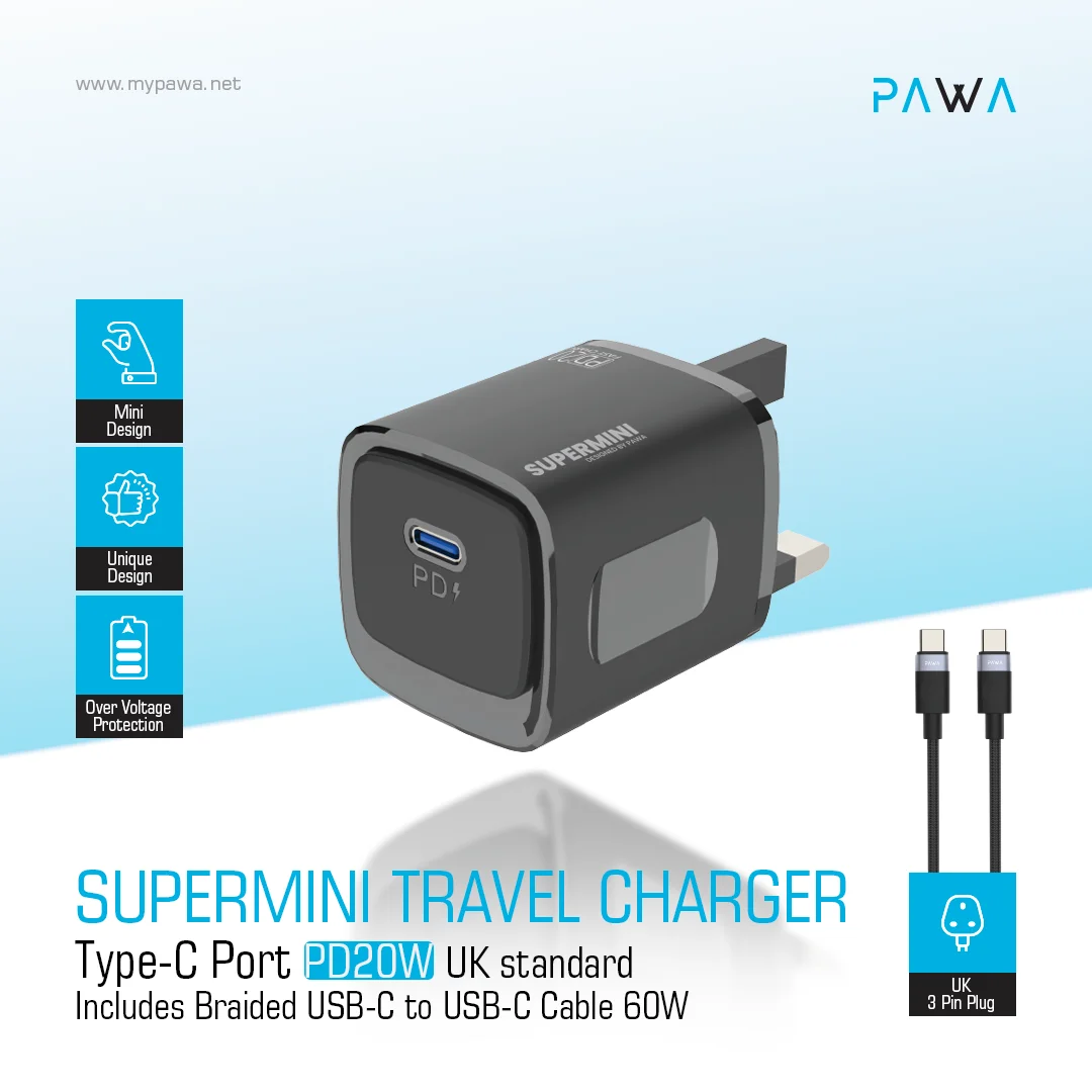PAWA SUPERMINI TRAVEL CHARGER TYPE C PORT PD20 WITH BRAIDED TYPE C CABLE BLACK PW-TCSP20UT-BK thumbnail 3