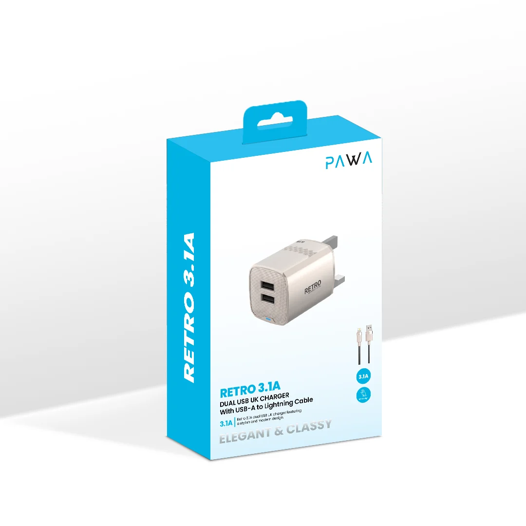 PAWA RETRO 3.1A DUAL USB UK CHARGER WITH USB A  TO LIGHTING CABLE TITANIUM PW-TCR31UKL-TT thumbnail 5