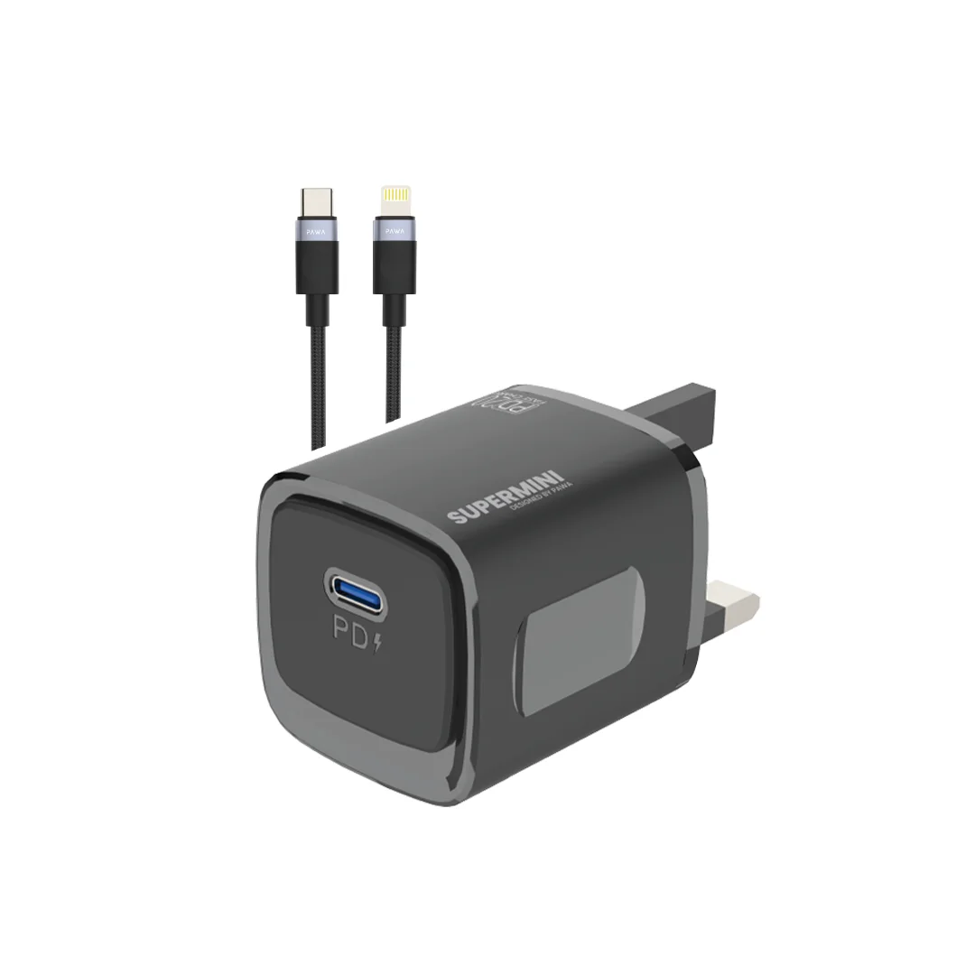 PAWA SUPERMINI TRAVEL CHARGER TYPE C PORT PD20 WITH BRAIDED LIGHTNING CABLE BLACK PW-TCSP20UL-BK