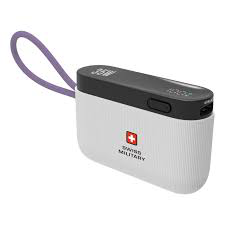 SWISS MILITARY 10000MAH PORTABLE POWER BANK WITH INTEGRATED RETRACTABLE USB-C CABLE LANYARD SM-PB-10K-35W-LED-CBL-WHITE