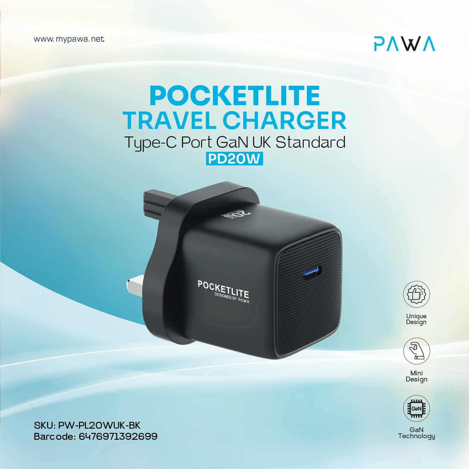 PAWA POCKETLITE TRAVEL CHARGER PD+QC PORT GAN UK STANDARD PD25W BLACK PW-PL1U1PUK-BK thumbnail 2