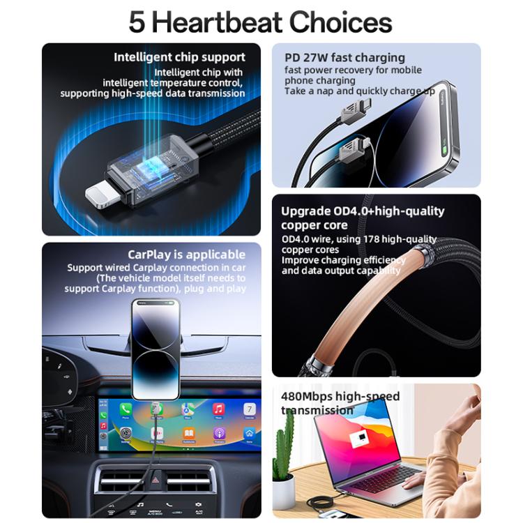 YESIDO 27W USB-C TO LIGHTNING CABLE 1.2M BLACK CA195 thumbnail 10