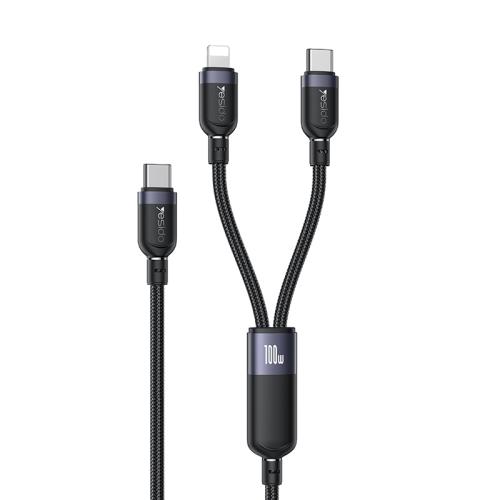 YESIDO 2 IN 1 TYPE C TO LIGHTNING AND TYPE C CABLE BLACK CA90