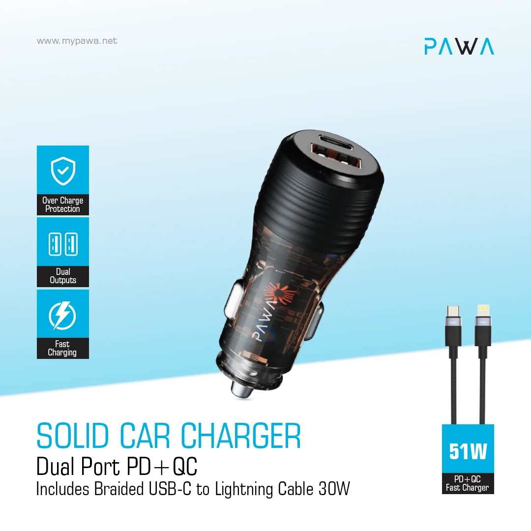 PAWA SOLID CAR CHARGER DUAL PORT PD+QC WITH BRAIDED USB C TO LIGHTNING CABLE 51W TRANSPARENT PW-CC51CA1L-TP thumbnail 3