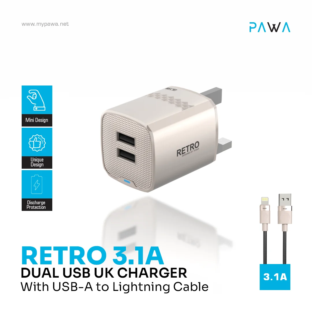 PAWA RETRO 3.1A DUAL USB UK CHARGER WITH USB A  TO LIGHTING CABLE TITANIUM PW-TCR31UKL-TT thumbnail 3