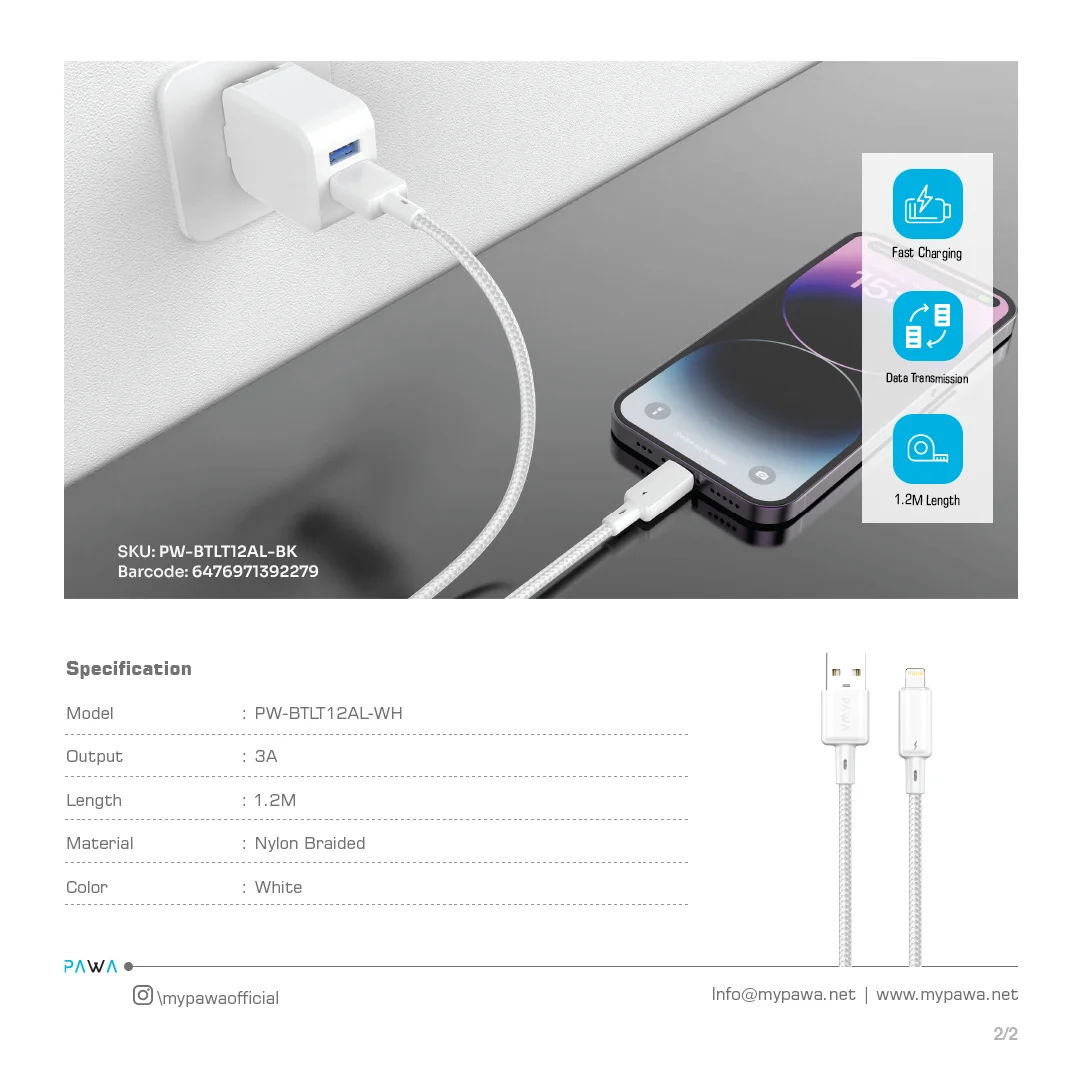 PAWA 3A USB A TO LIGHTNING QUICK CHARGING BRAIDED CABLE 1.2M PW122 WHITE PW-BTLT12AL-WH thumbnail 4