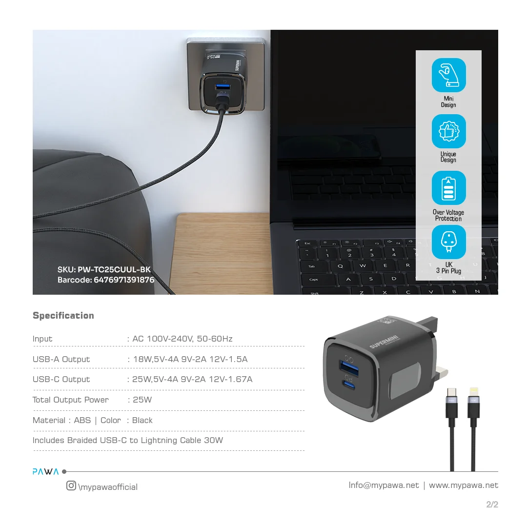 PAWA SUPERMINI TRAVEL CHARGER PD QC PORT 25W WITH BRAIDED LIGHTNING CABLE BLACK PW-TC25CUUL-BK thumbnail 4