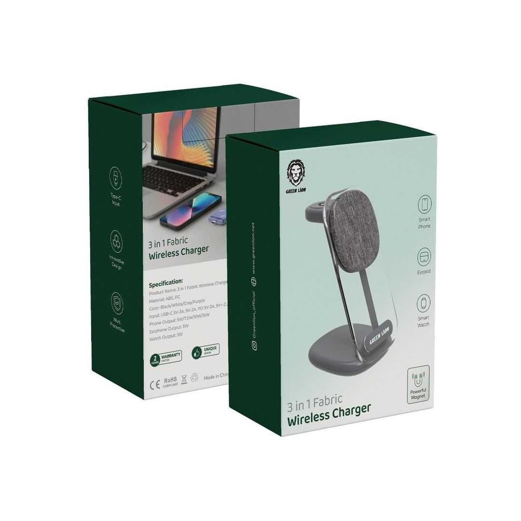 GREEN LION 3 IN 1 FABRIC WIRELESS CHARGER 15W GREY GN3N1FAWIRCGY