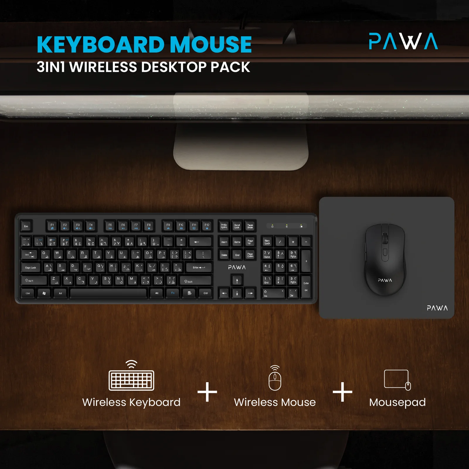 PAWA 3 IN 1 WIRELESS DESKTOP PACK KEYBAORD MOUSE BLACK PW-KMP24BTW-BK thumbnail 3