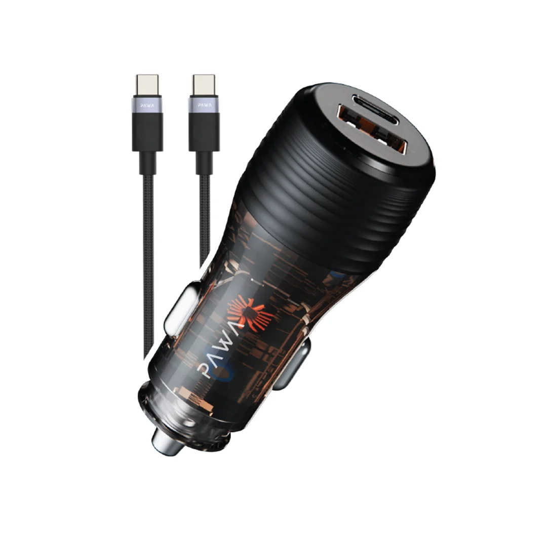PAWA SOLID CAR CHARGER DUAL PORT PD+QC WITH BRAIDED USB C TO USB C CABLE 51W TRANSPARENT PW-CC51CA1T-TP