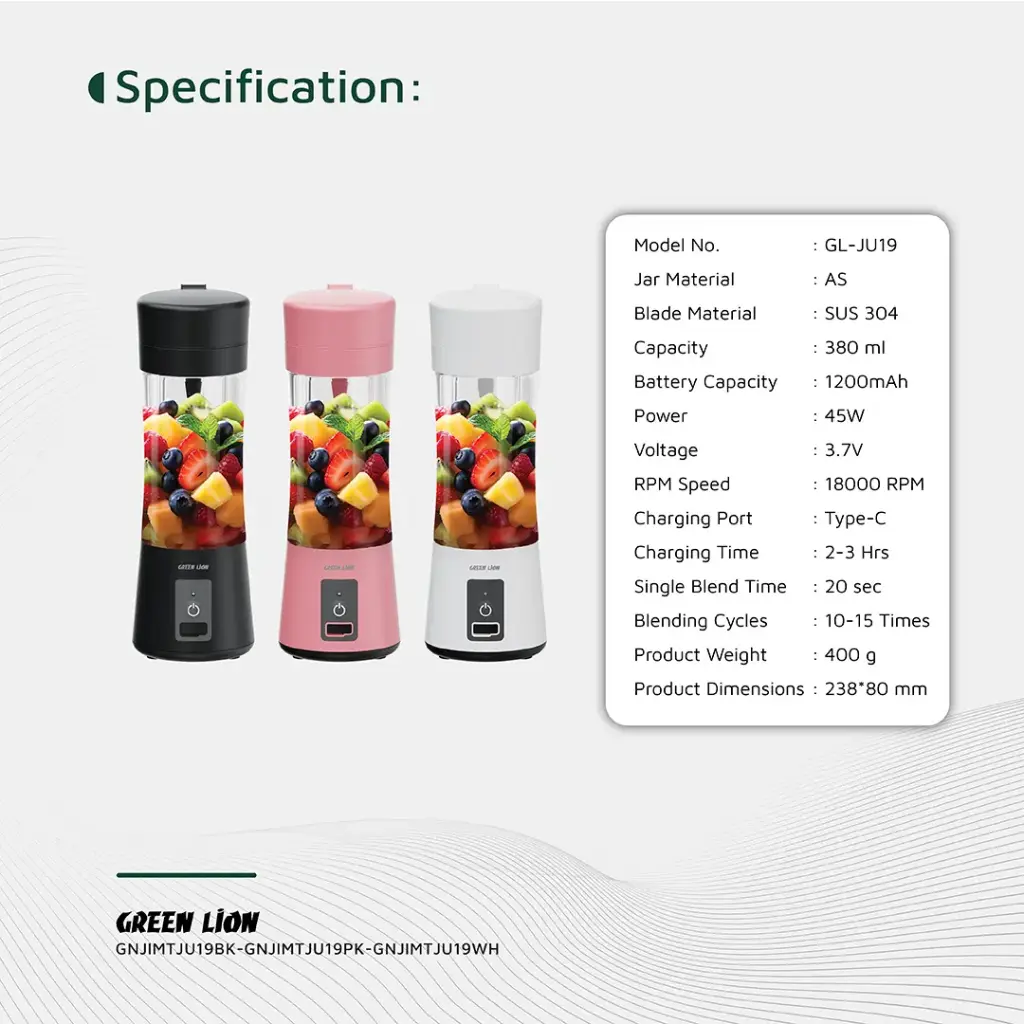 GREEN LION JUICE MATE PORTABLE JUICER 380ML WHITE GNJIMTJU19WH thumbnail 2