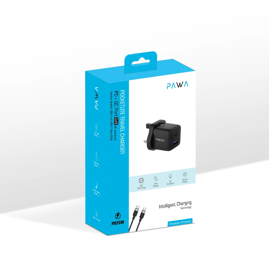 PAWA POCKETLITE TRAVEL CHARGER PD+QC PORT GAN UK STANDARD PD25W USB C TO USB C CABLE BLACK PW-PL1U1PUKT-BK thumbnail 4