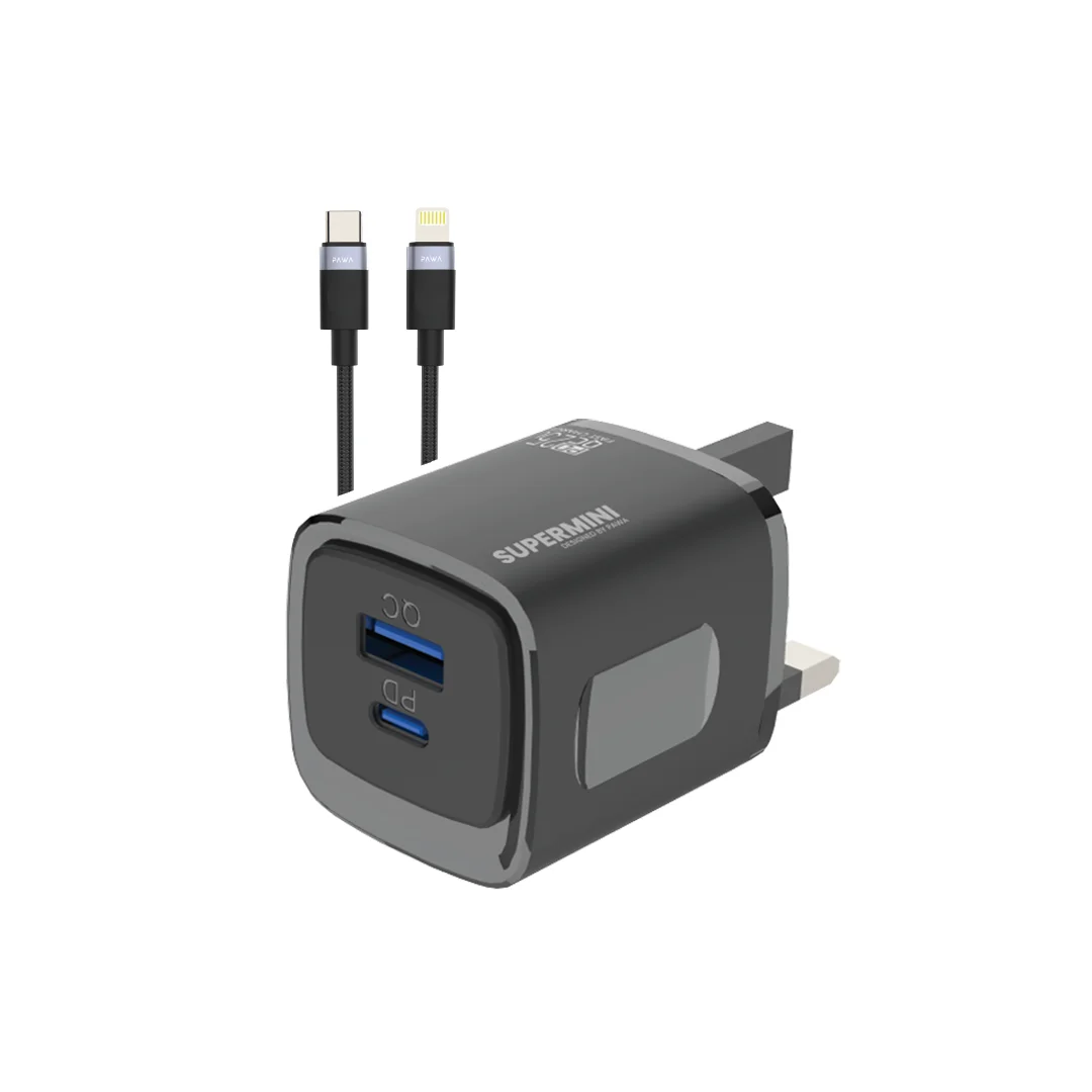 PAWA SUPERMINI TRAVEL CHARGER PD QC PORT 25W WITH BRAIDED LIGHTNING CABLE BLACK PW-TC25CUUL-BK