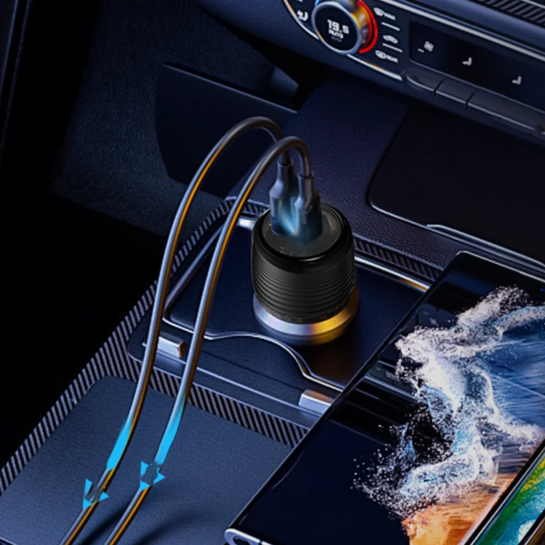 PAWA SOLID CAR CHARGER DUAL PORT PD+QC WITH BRAIDED USB C TO USB C CABLE 51W TRANSPARENT PW-CC51CA1T-TP thumbnail 2