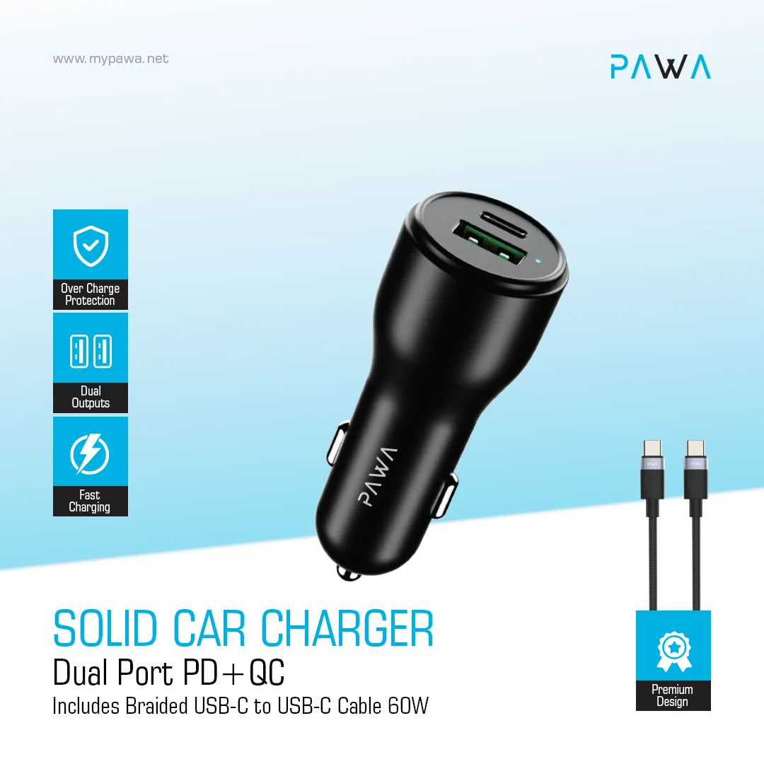 PAWA SOLID CAR CHARGER DUAL PORT PD+QC WITH BRAIDED USB C TO USB C CABLE 51W BLACK PW-CC51CA5T-BK thumbnail 3